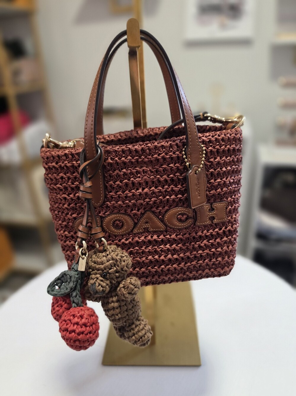 Coach Mini City Tote with Straw, Brown Leather Trim and Gold Hardware